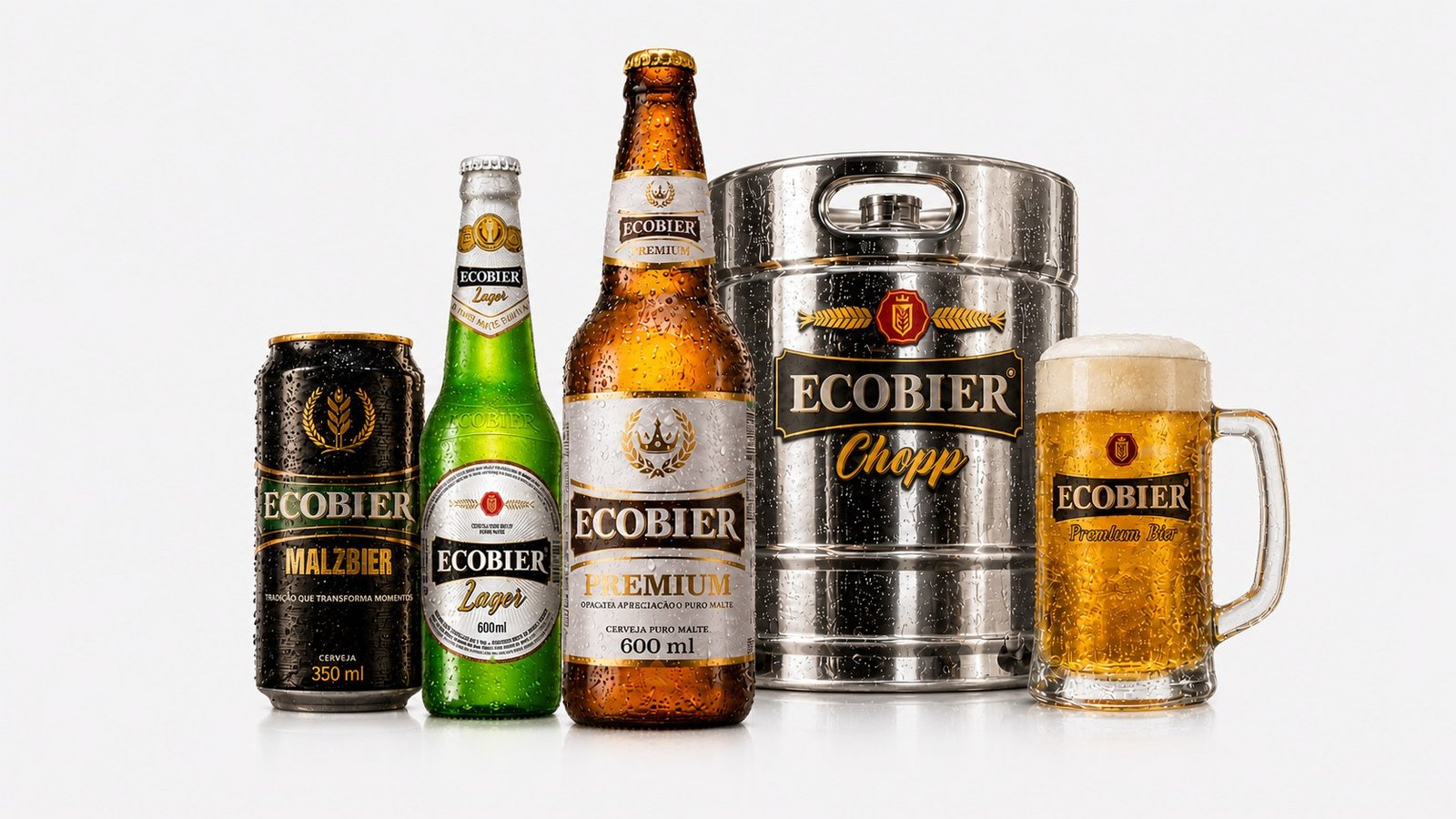 Linha Ecobier completa: lata Malzbier de 350 ml, garrafa Lager de 600 ml, garrafa Premium de 600 ml, barril de chopp e caneca servida